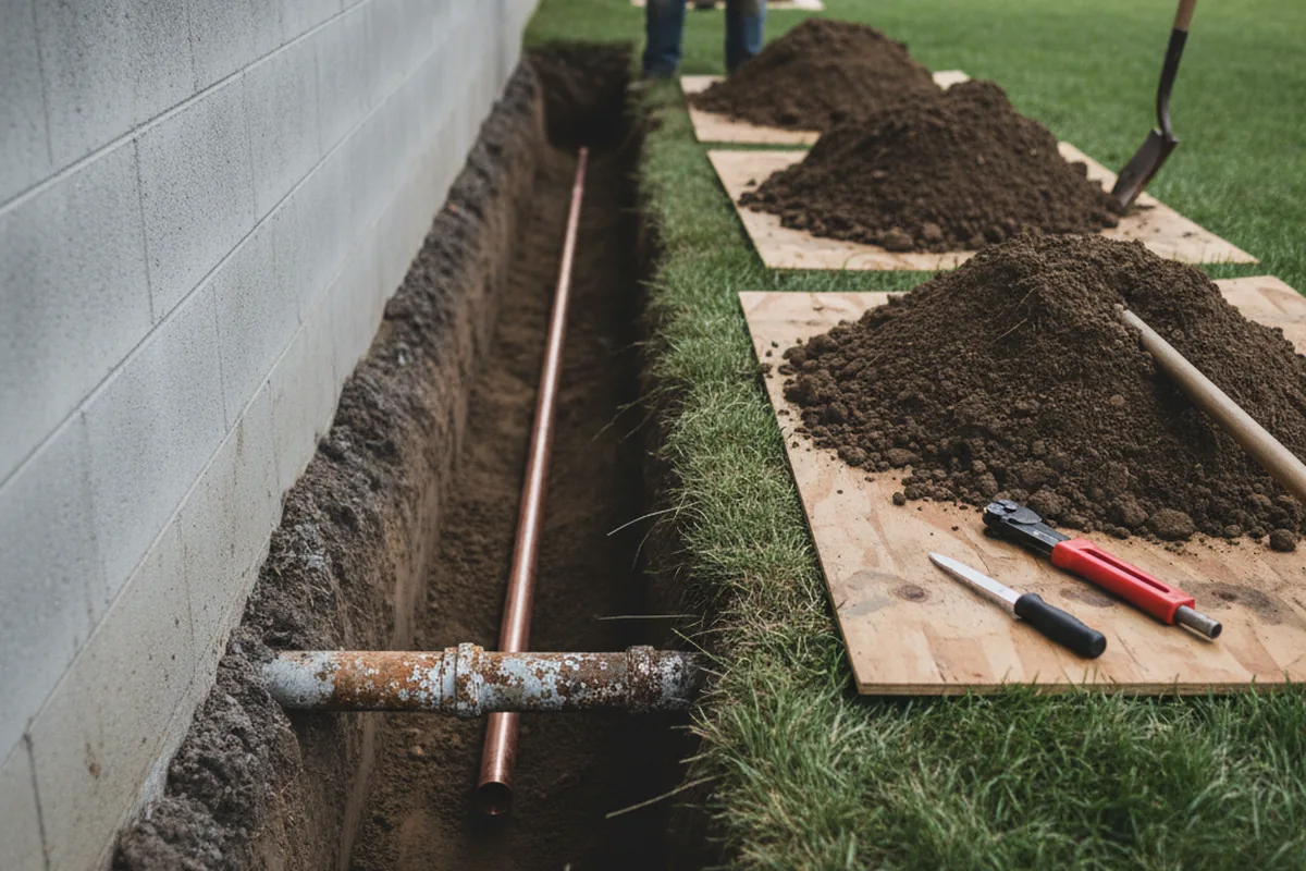 Excavated water line trench during Water Heater Repair in Courtland